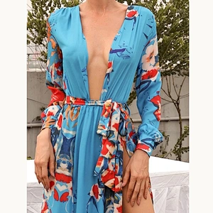 2021 New Arrival Missord Plunging Neck Wrap Hem Belted Floral Dress Sexly Lady Party Evening Dress