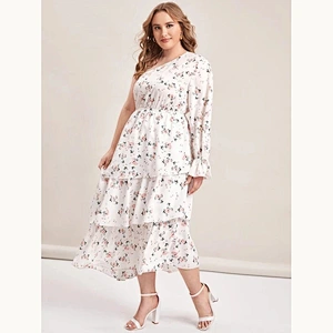 2021 New Plus One Shoulder Layered Hem Floral Dress