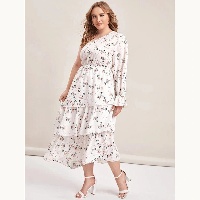 2021 New Plus One Shoulder Layered Hem Floral Dress