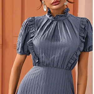 2021 New Arrival Puff Sleeve Stand Collar A-line Dress Laidies Dress Office Summer Dress
