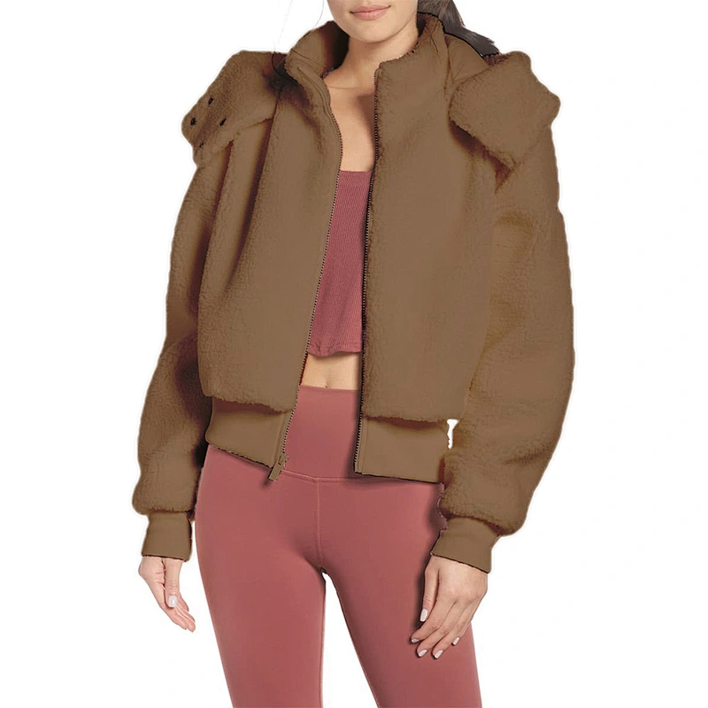 Direct Factory Womens Zip Up Sweatshirt Turn-down Collar Hooded Full Zip Teddy Jacket Sherpa Pullover
