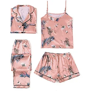 2021 Amazon Women's Pajamas Set 4pcs Satin Silk Cami Top Button Down Loungewear Pjs Set