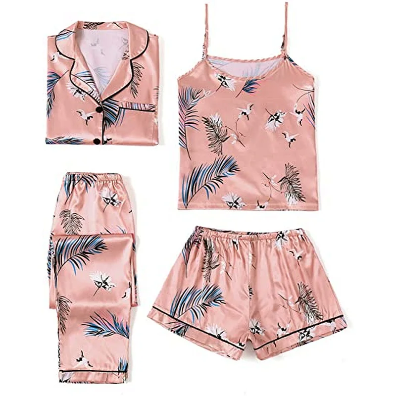 2021 Amazon Women's Pajamas Set 4pcs Satin Silk Cami Top Button Down Loungewear Pjs Set