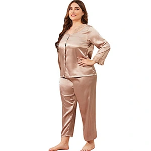 2021 New Arrivel Satin Silk Pajamas Set Lace V-neck Cardigan Suit With Long Sleeves