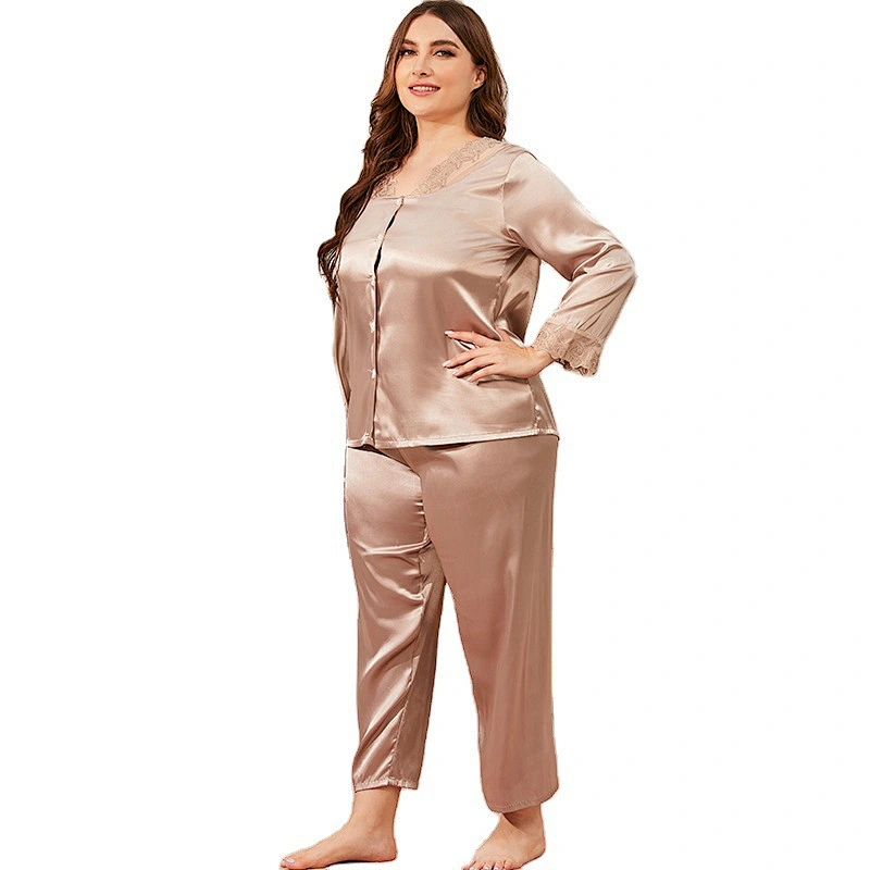 2021 New Arrivel Satin Silk Pajamas Set Lace V-neck Cardigan Suit With Long Sleeves