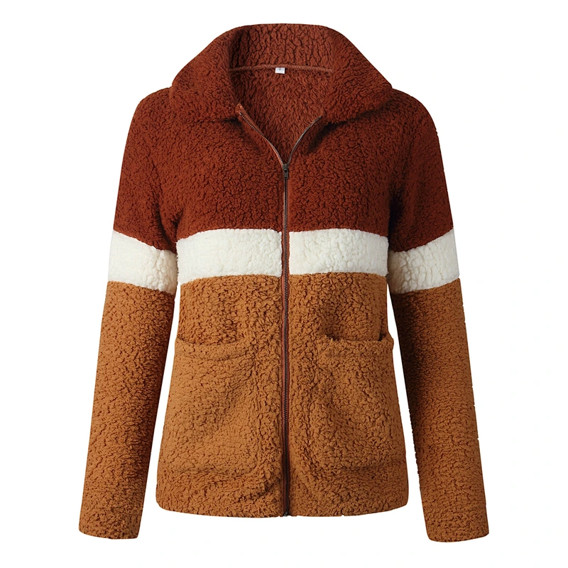 Women Winter Warm Jacket Outwear Full Zipper Patchwork Sherpa Fleece Pullover with Pockets