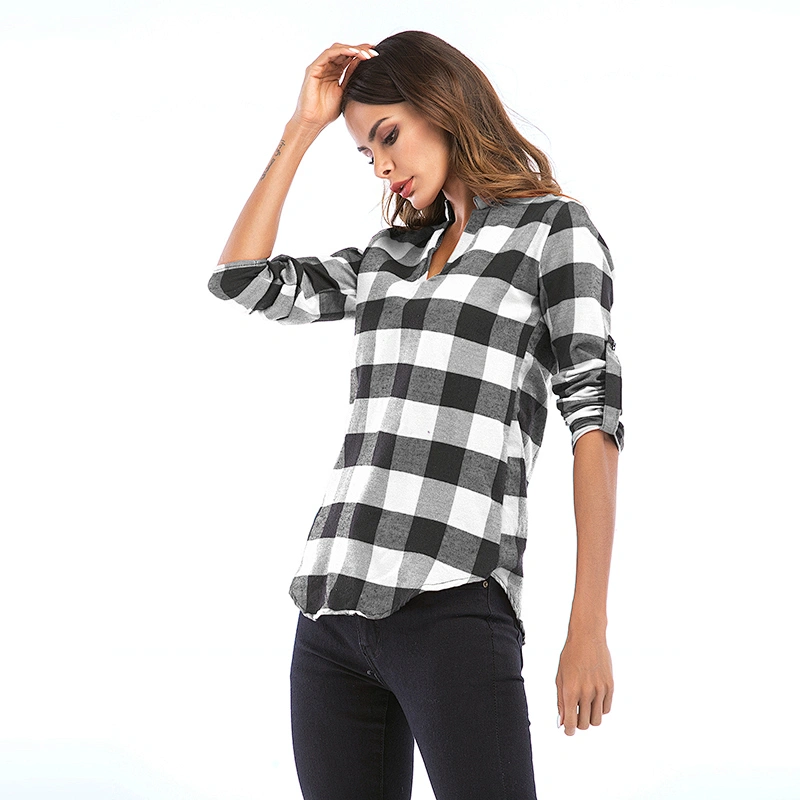 New Design Top Spring Autumn Fashion Blue V neck long sleeve Plaid Women Shirt