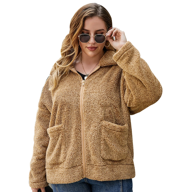 Amazon Hot Womens Fuzzy Lapel Plus Size Full Zipper Sherpa Fleece Hoodies Pullover with front pocket