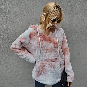 Women's Fuzzy Fleece Tie Dye Pullover Oversized Sherpa Long Sleeve Tops with Pockets