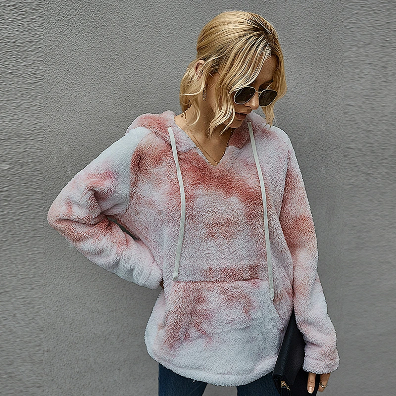 Women's Fuzzy Fleece Tie Dye Pullover Oversized Sherpa Long Sleeve Tops with Pockets