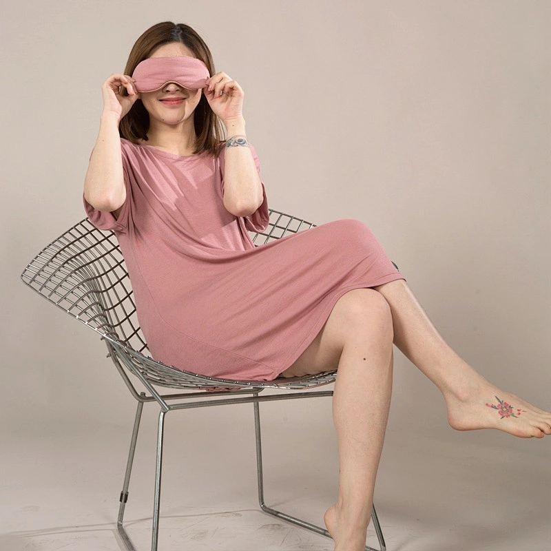 New Customized spring summer women nightgown ribbed short sleeve loose nightdress slub Crisscross backneck Knit pyjamas