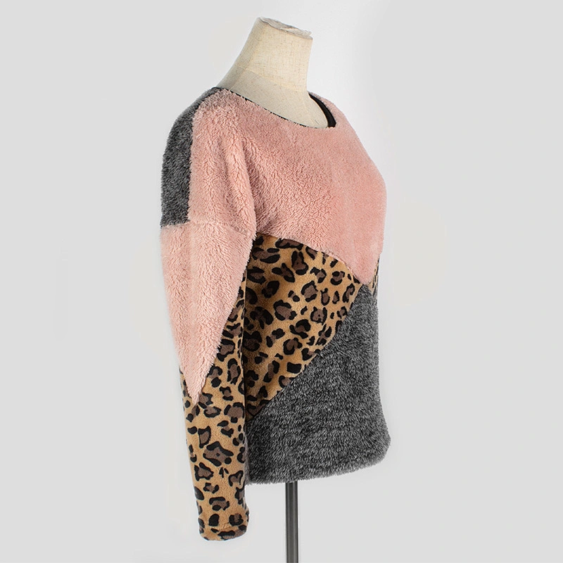 YIWU Factory Fuzzy Color Blocking Teddy Pullover Crew Neck Leopard Print Sherpa Fleece Sweatshirt