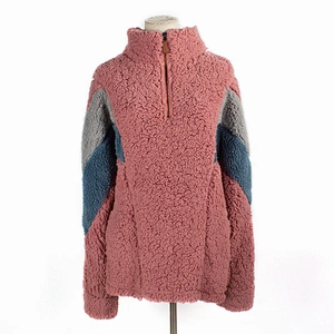 Unisex Fuzzy Color Block Teddy Coat Quarter Zip Patchwork Sherpa Fleece Jacket Pullover