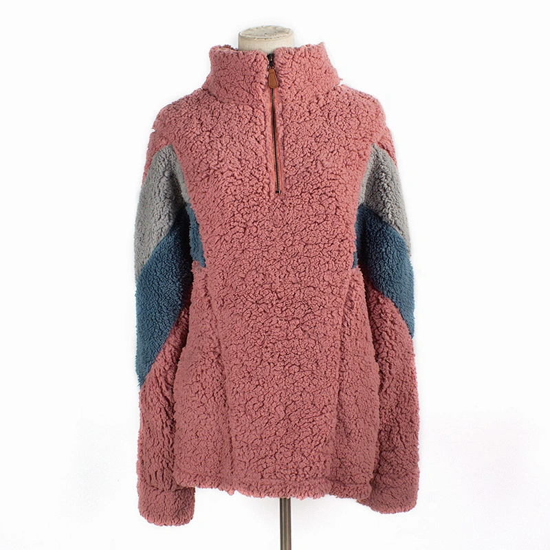 Unisex Fuzzy Color Block Teddy Coat Quarter Zip Patchwork Sherpa Fleece Jacket Pullover