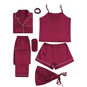 2021Amazon Women's Pajamas Set 7pcs Silk Pajamas  Satin Sleepwear Loungewear Cami Shirt