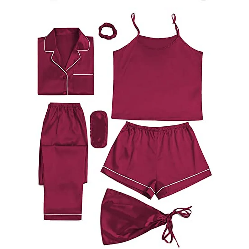 2021Amazon Women's Pajamas Set 7pcs Silk Pajamas  Satin Sleepwear Loungewear Cami Shirt