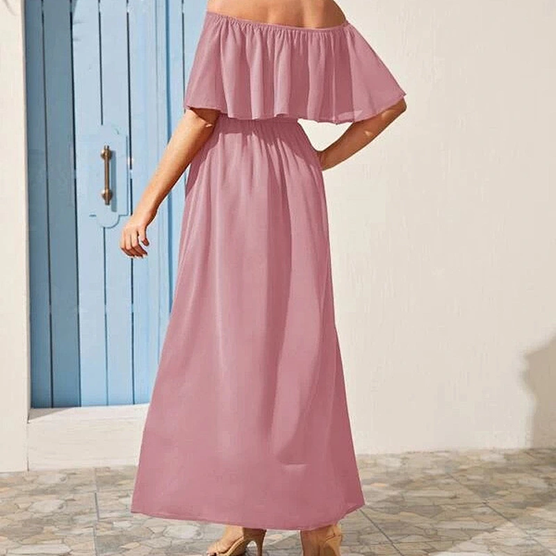 2021 New Arrival Split Thigh Ruffle Trim Bardot Dress Casual Dress Party Dress