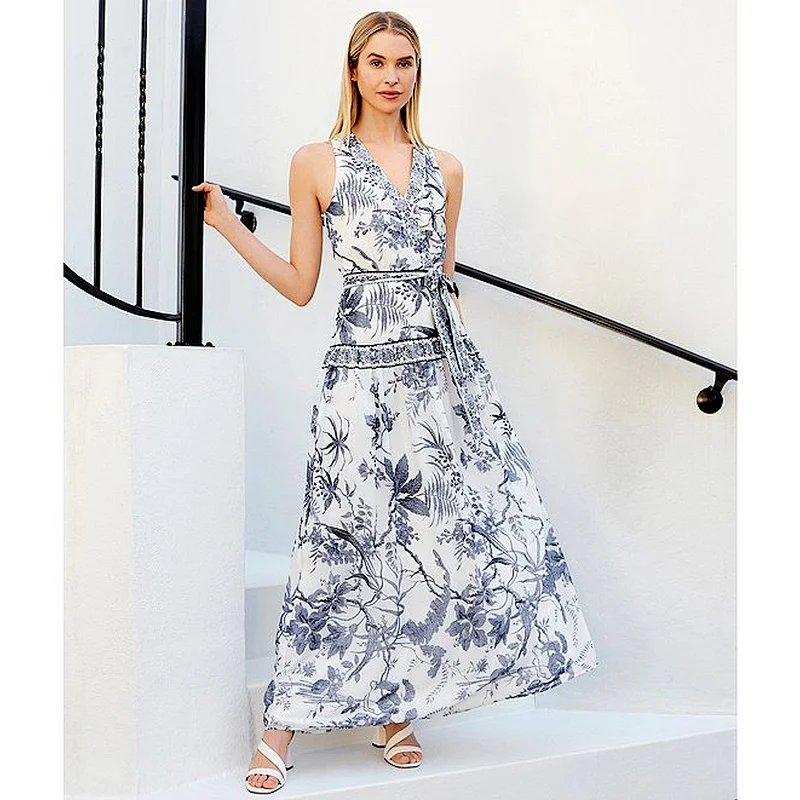 Summer Elegant Bodycon Lady Dress V neckline Sleeveless Back Zipper Closure Polyester Printed Dress