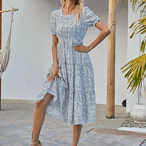 2021 New Arrival Confetti Print Ruffle Hem Puff Sleeve Dress Ladies Dresses Elegant Office Dress