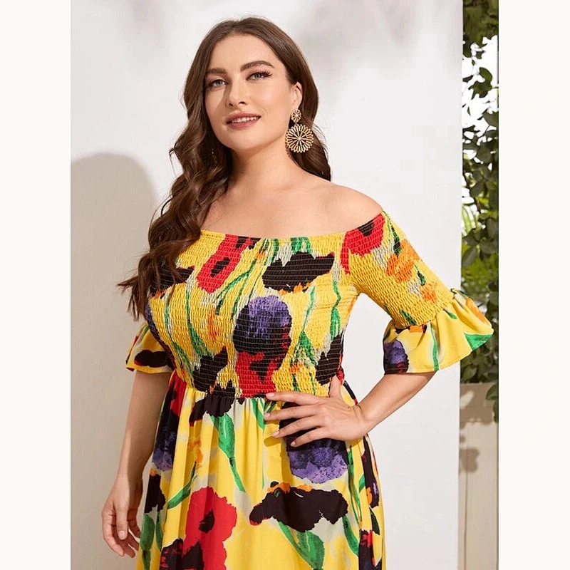 2021 New Plus Floral Print Shirred Bardot Dress