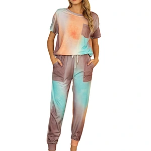 2021Amazon autumn winter women pajamas casual tie-dye Short Sleeve Pajama Set