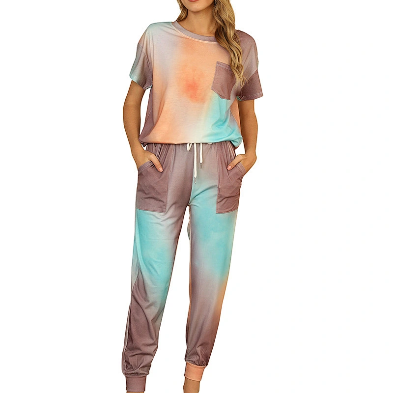 2021Amazon autumn winter women pajamas casual tie-dye Short Sleeve Pajama Set