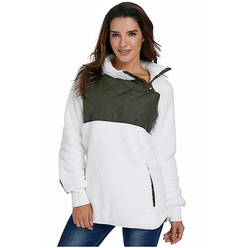 Women Fleece Pullover Sweatshirt Oblique Button Neck Long Sleeve Warm Casual Coat Outwear