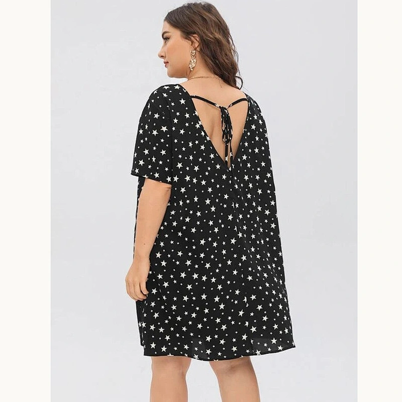 2021 New Plus Tied V-back Star Dress Printed Dress O Neck