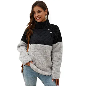 Women Casual Teddy Coat Oblique Button Sweatshirt Skew Collar Patchwork Sherpa Fleece Pullover