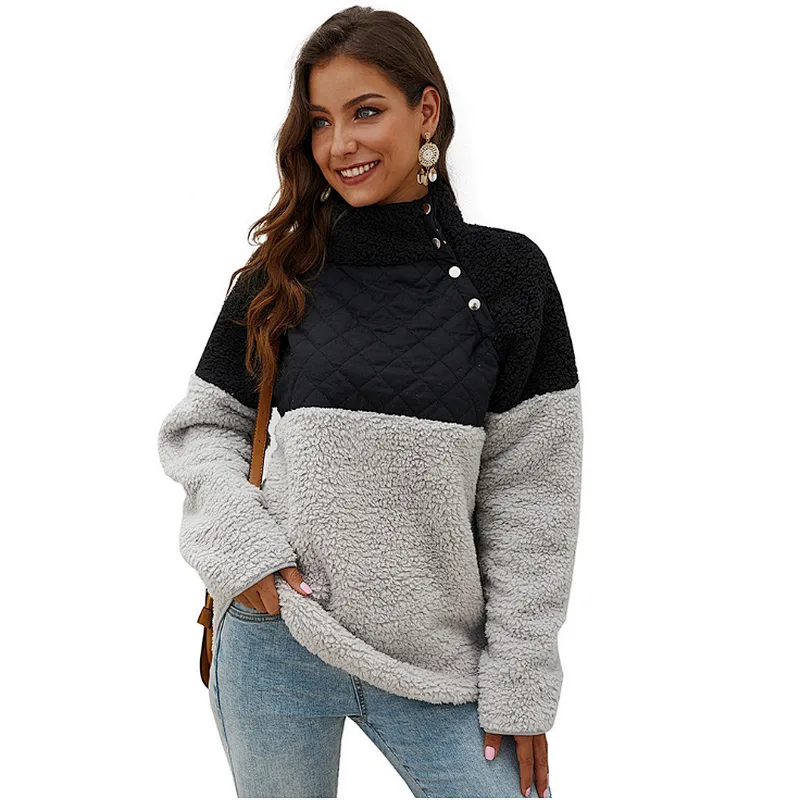 Women Casual Teddy Coat Oblique Button Sweatshirt Skew Collar Patchwork Sherpa Fleece Pullover