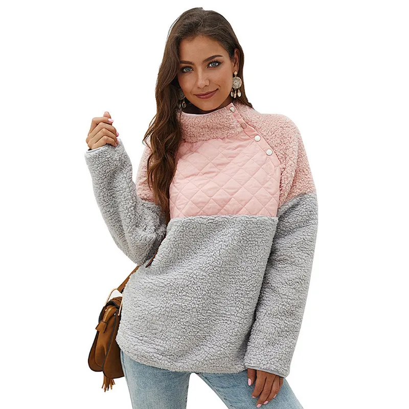 Women Casual Teddy Coat Oblique Button Sweatshirt Skew Collar Patchwork Sherpa Fleece Pullover