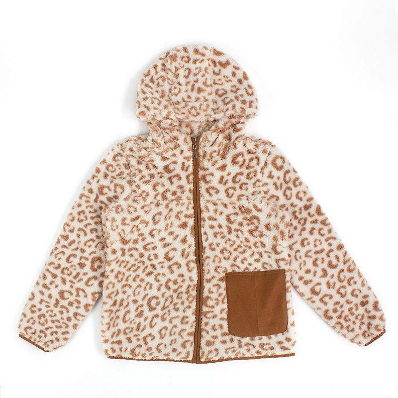 Unisex Fuzzy Wool Teddy Coat Full Zip Leopard Print Sherpa Fleece Hoodies