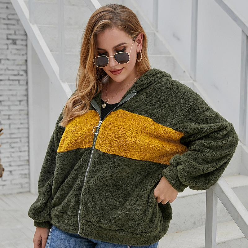 Amazon Hot Womens Oversized Sweatshirt Wool Lamb Plus Size Patchwork Full zipper Sherpa Fleece hoodies