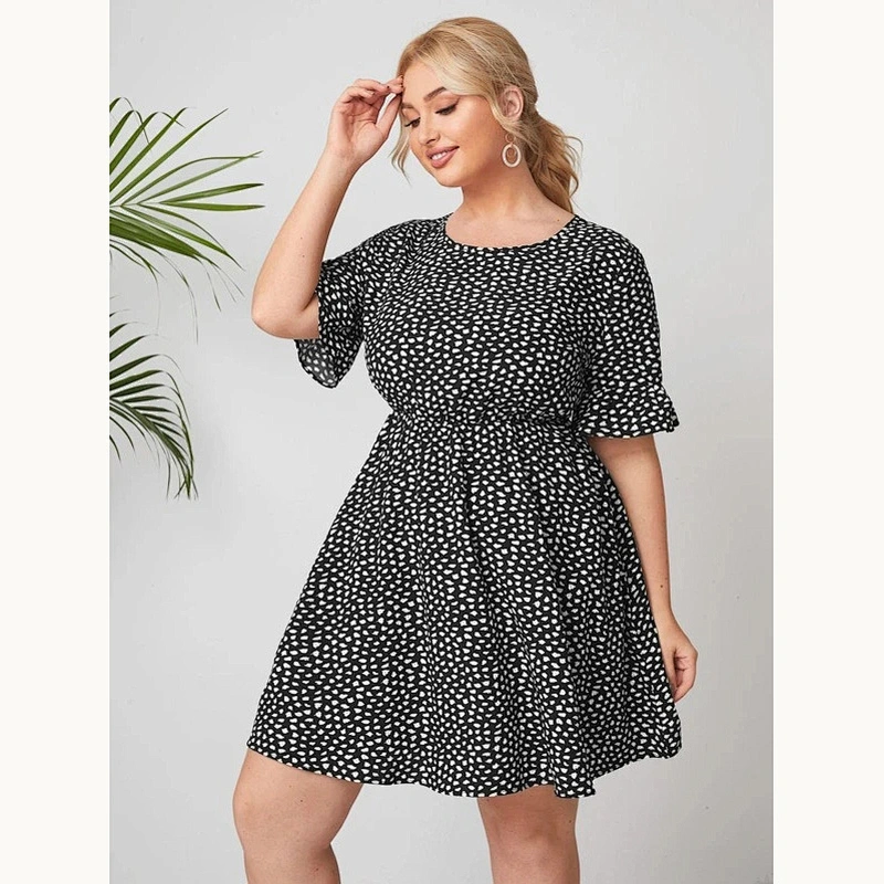 2021 New Plus All Over Print Flounce Short Sleeve Dress Printed dress O Neck