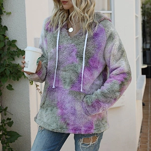 YIWU Factory Lambs Wool V Neck Sweatshirts Hoodies Tie Dye Sherpa Fleece Hoodie Pullover with Pocket