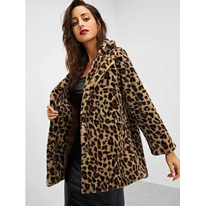 Womens Cow Print Faux Fur Teddy Coat Notch Collar Leopard Print Sherpa Fleece Pullover