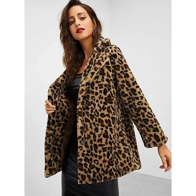 Womens Cow Print Faux Fur Teddy Coat Notch Collar Leopard Print Sherpa Fleece Pullover