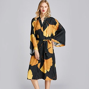 2021 New Arrivel Spring Summer Satin Silk Long Robe Plus Size Robe The Maple Leaves Pajamas