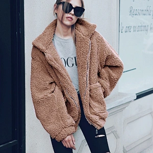 2021 Womens Zip Up Sweatshirt Turn-down Collar Drop Shoulder Sherpa fleece Jacket Pullover with Pockets