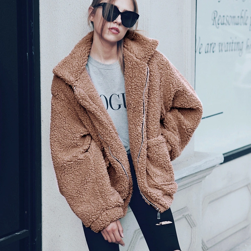 2021 Womens Zip Up Sweatshirt Turn-down Collar Drop Shoulder Sherpa fleece Jacket Pullover with Pockets