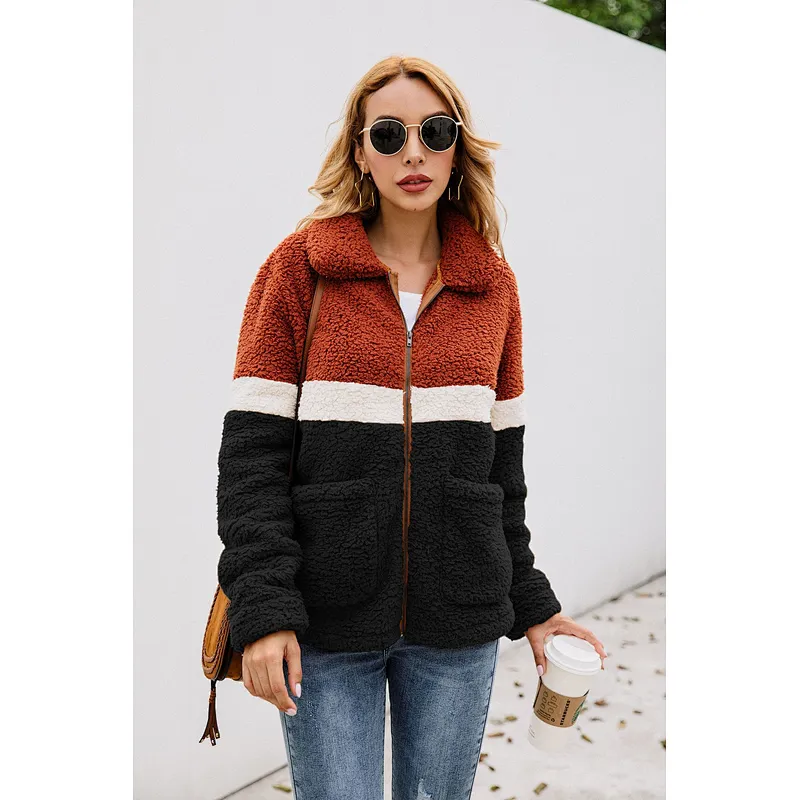 2021 Amazon Winter Warm Full Zipper Jacket Streetwear Patchwork Sherpa Fleece Jacket Pullover