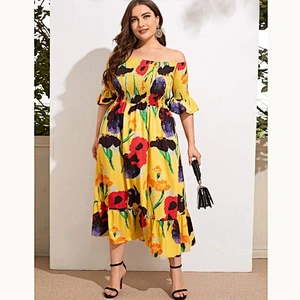 2021 New Plus Floral Print Shirred Bardot Dress