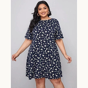 2021 New Plus Ditsy Floral Ruffle Hem Dress Printed dress O Neck short sleeve