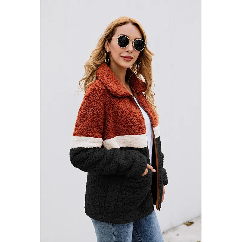 2021 Amazon Winter Warm Full Zipper Jacket Streetwear Patchwork Sherpa Fleece Jacket Pullover