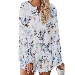 2021Amazon hot style women pajamas tie-dyed print casual long-sleeved shorts suit for home wear