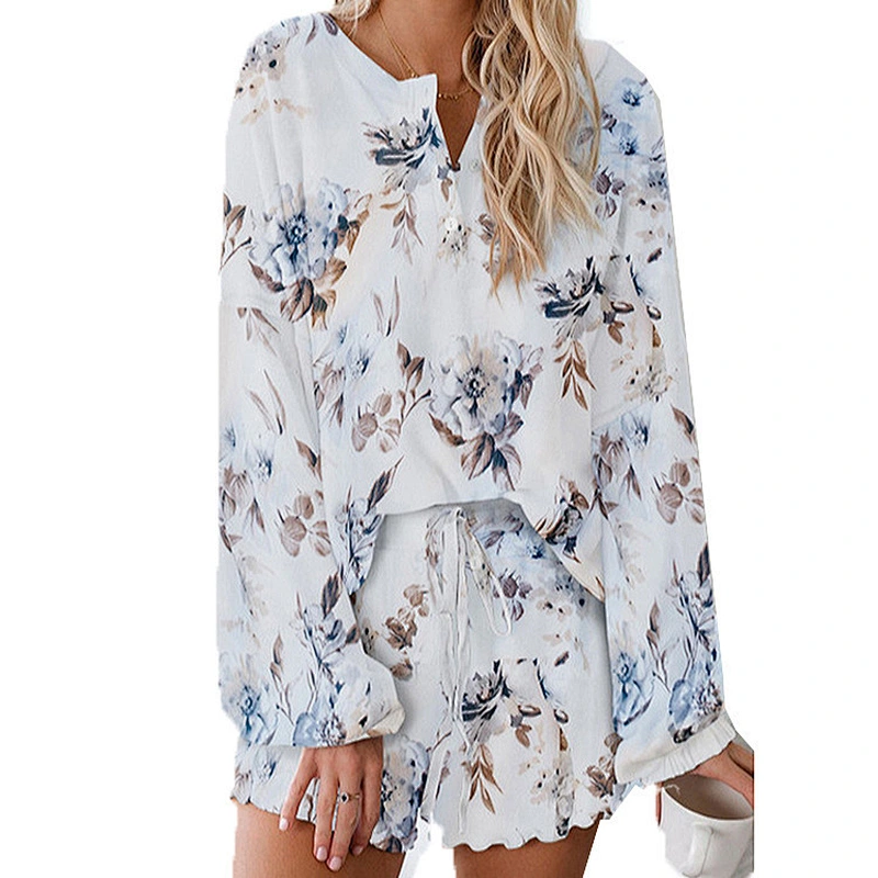 2021Amazon hot style women pajamas tie-dyed print casual long-sleeved shorts suit for home wear