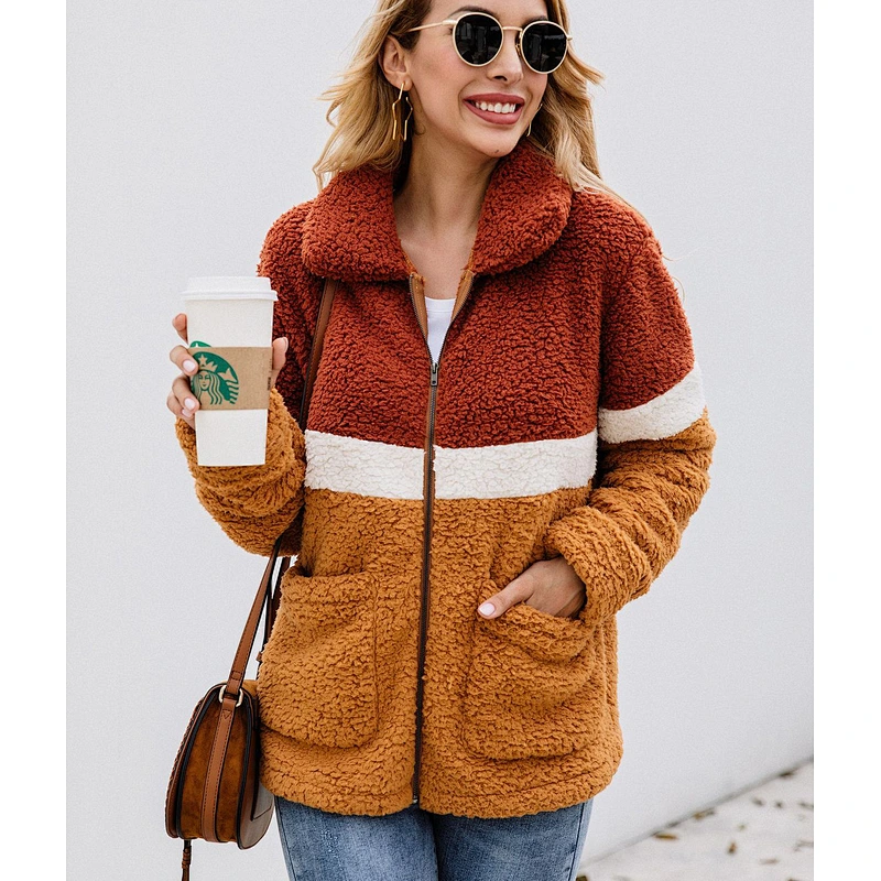 Women Winter Warm Jacket Outwear Full Zipper Patchwork Sherpa Fleece Pullover with Pockets
