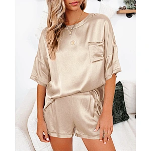2021Amazon spring summer new pure color silk pyjamas home dress short sleeve shorts irregular two sets