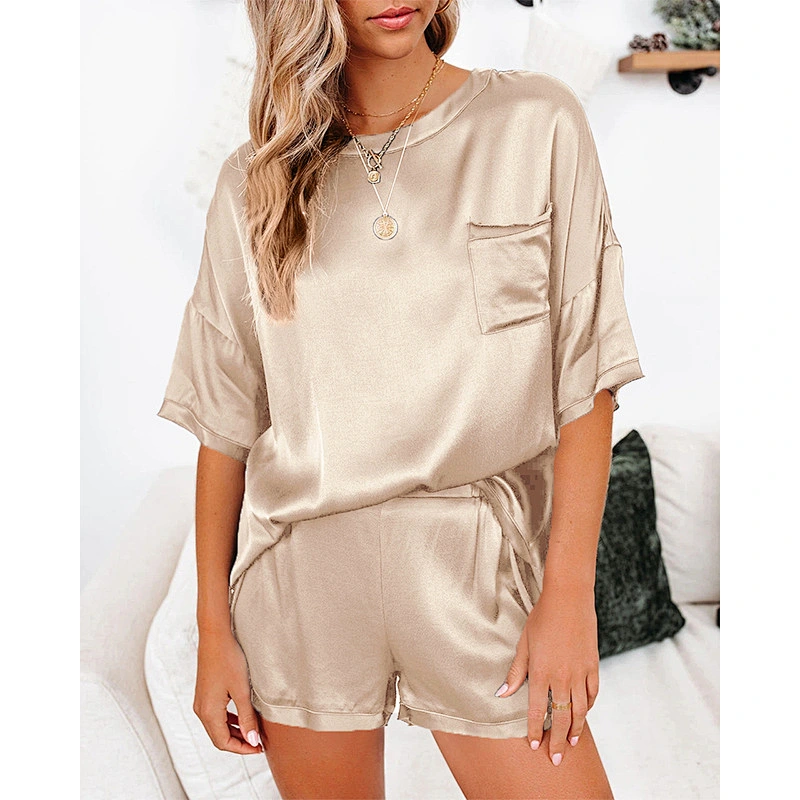 2021Amazon spring summer new pure color silk pyjamas home dress short sleeve shorts irregular two sets