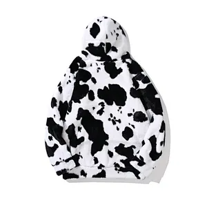 Unisex Kangaroo Pocket Hooded Sweatershirt Cow Printing Sherpa Hoodie Fleece pullover
